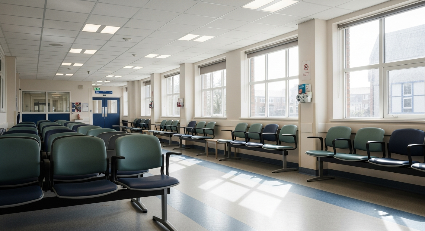 Empty hospital waiting area with rows of chairs in daylight