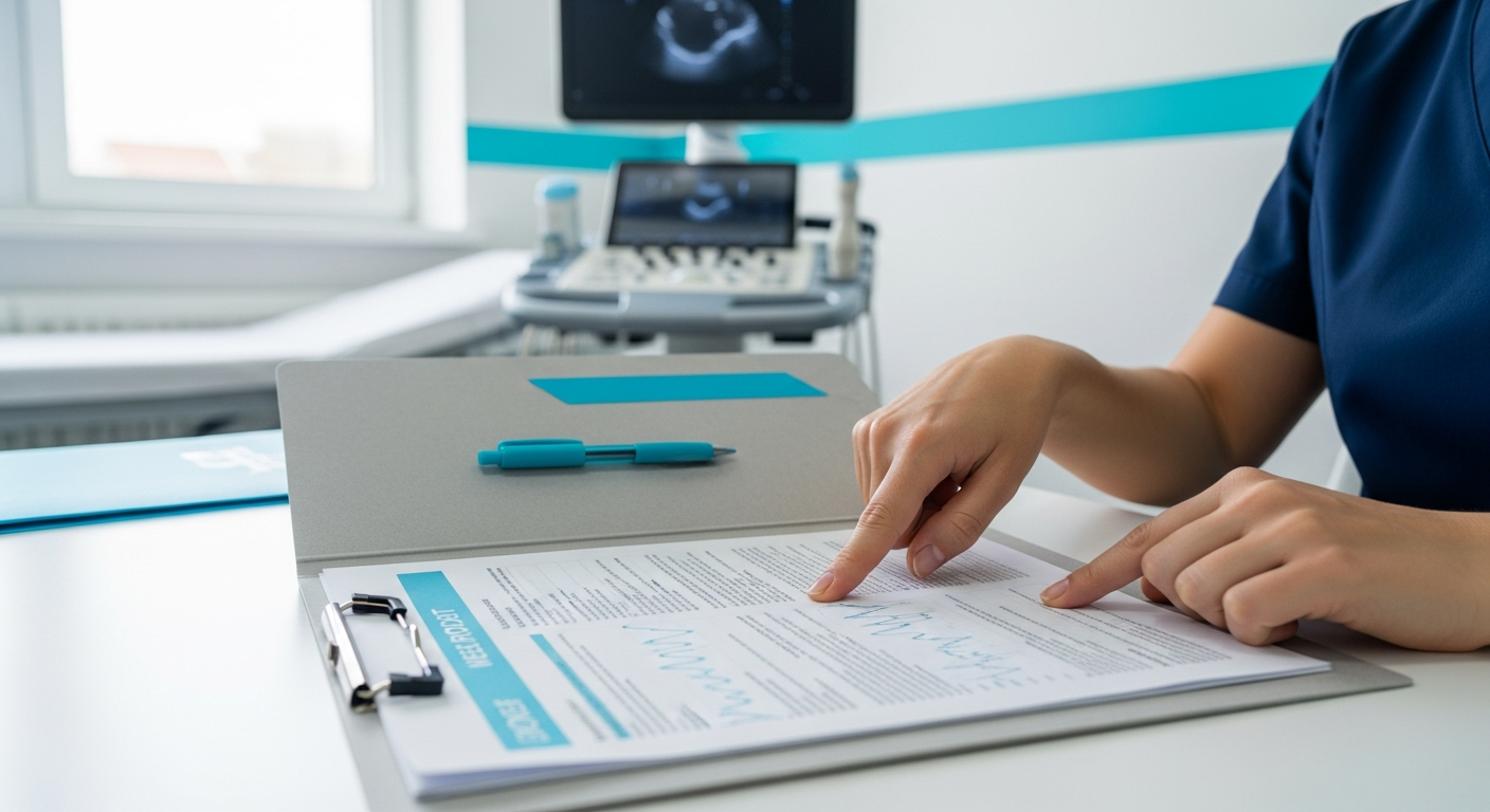 Sonographers hands going through a printed fertility scan report beside an ultrasound machine