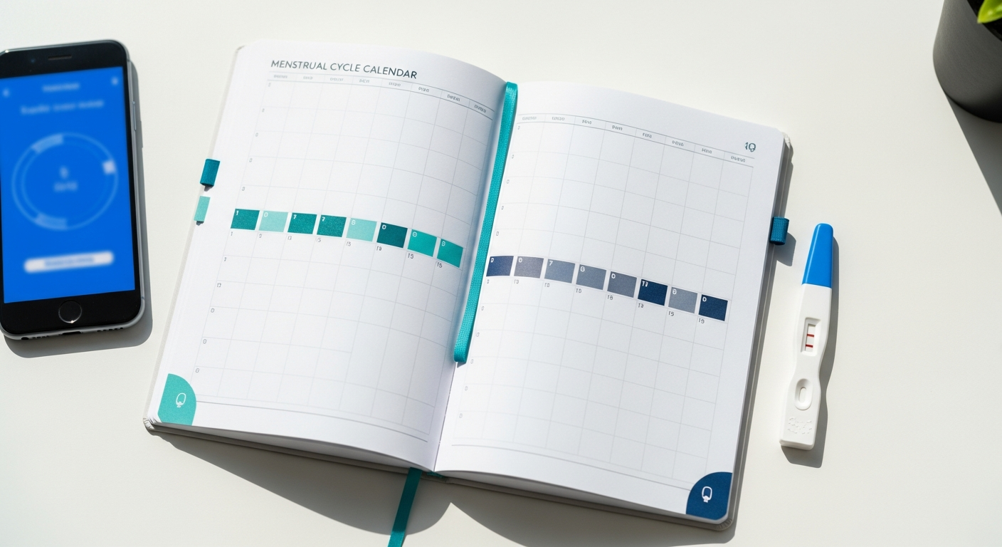 Cycle calendar, ovulation test and phone laid out for tracking ovulation