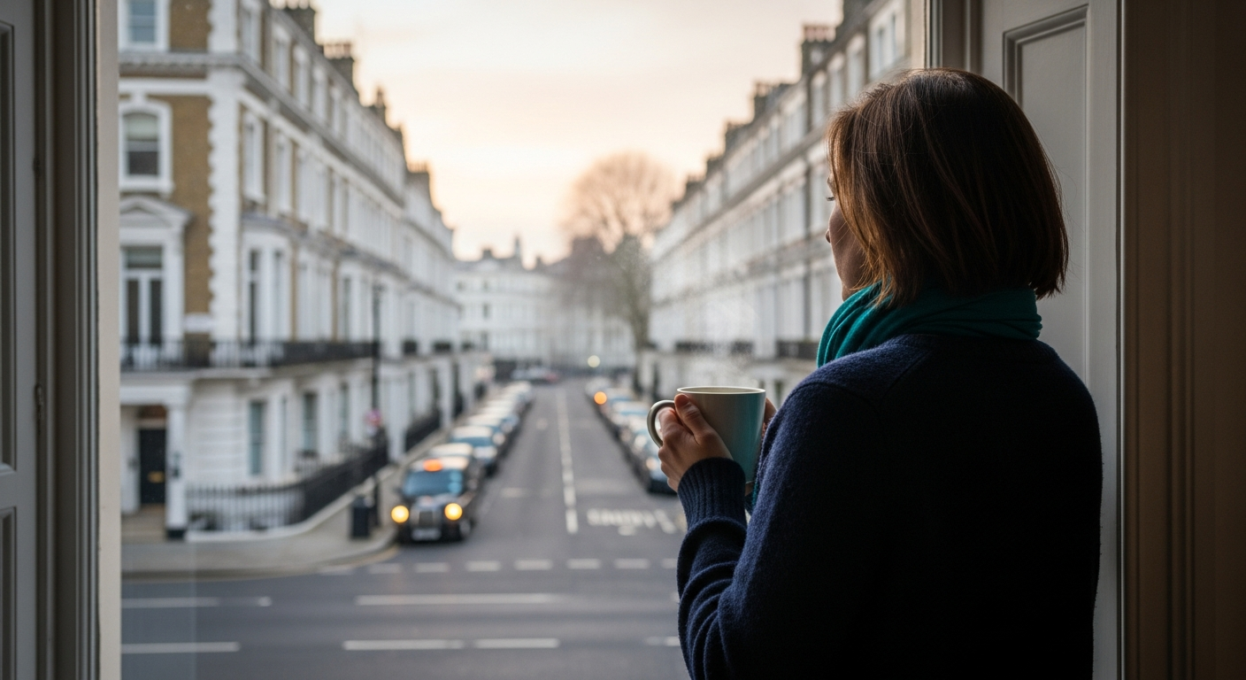 Woman with a mug looking out of a window while thinking about trying to conceive after 35
