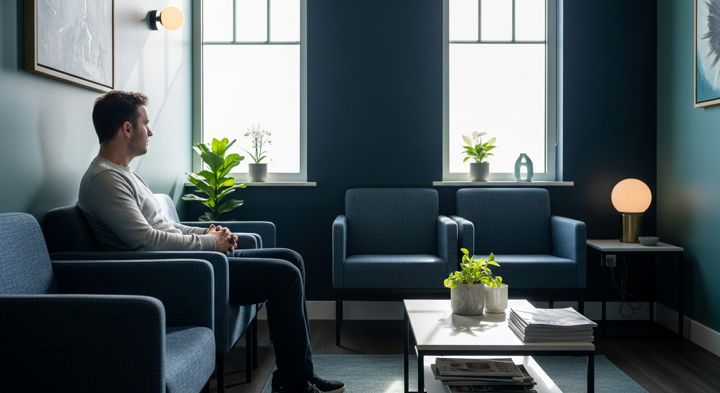 Man seated in a calm private clinic waiting area in daylight