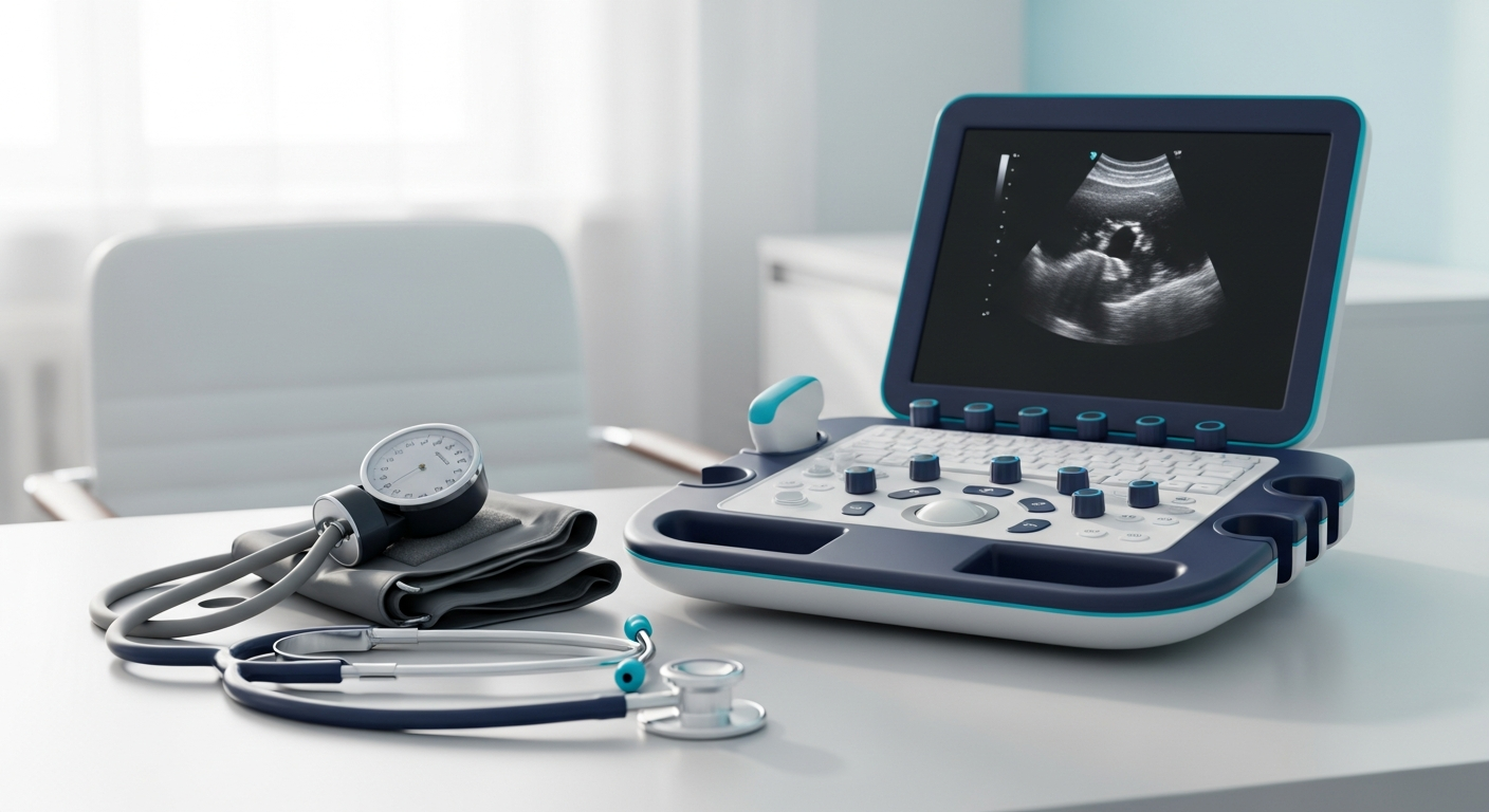 Blood pressure cuff and stethoscope beside an ultrasound machine in a clinic room