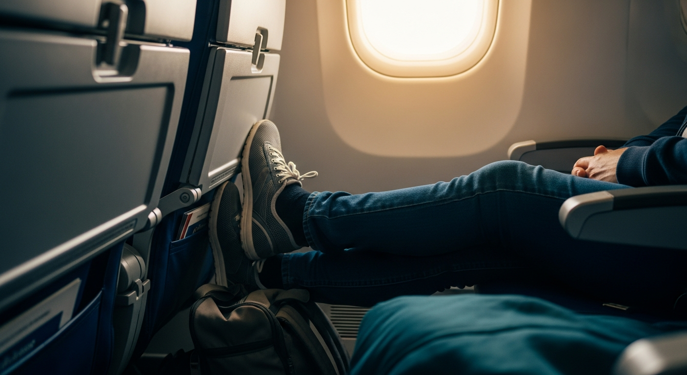 Travellers legs and feet in an aircraft cabin seat during a long flight