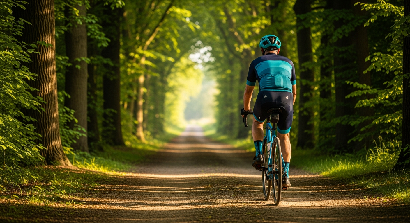 Man cycling on a quiet tree lined path in morning light