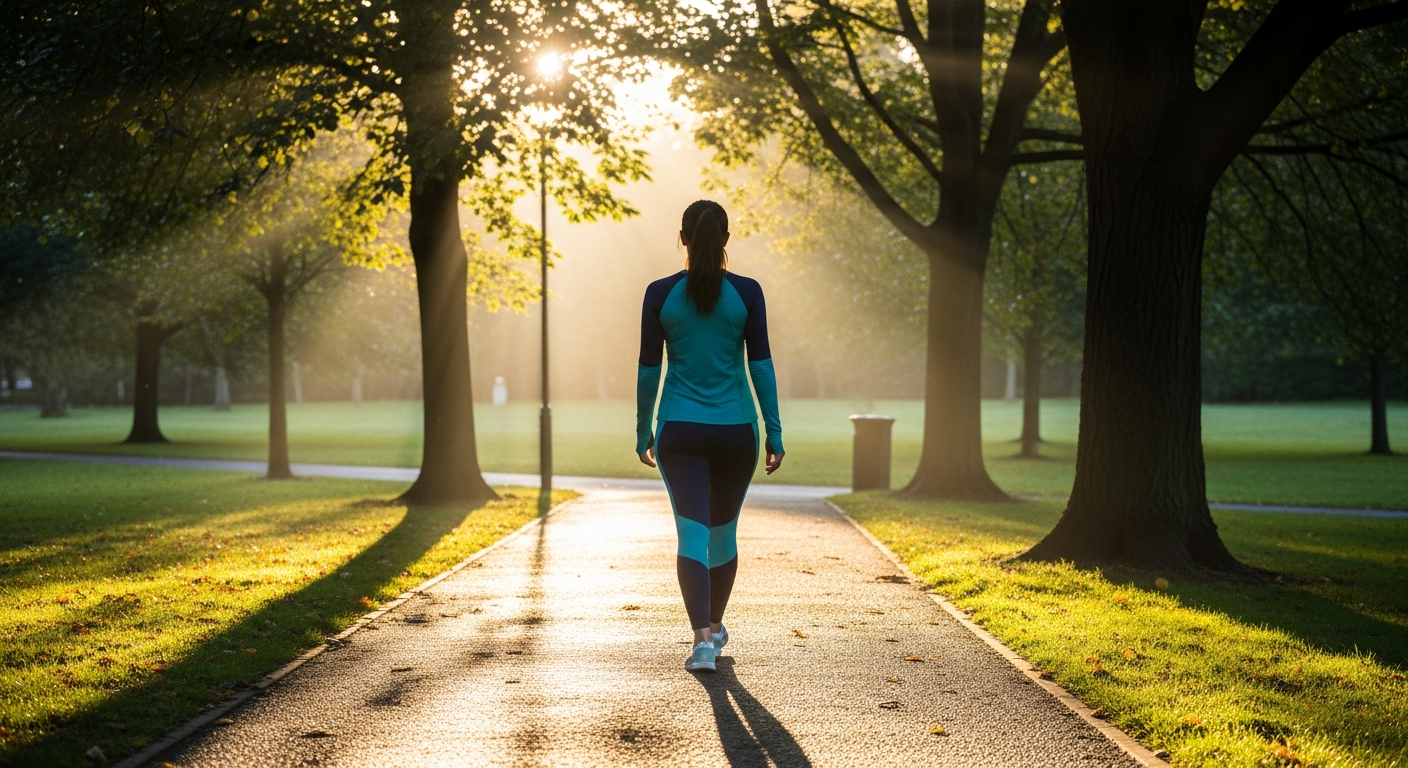 Woman walking through a sunlit park in the morning