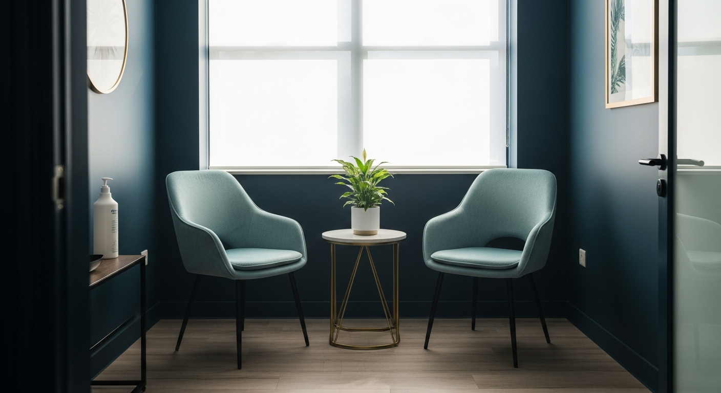 Calm private clinic consultation room with two chairs and natural daylight