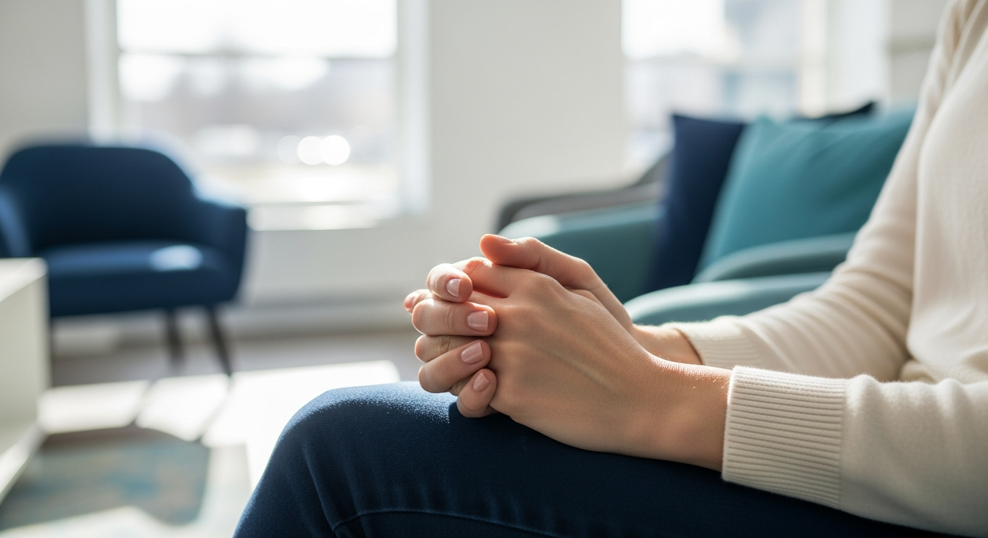 Womans hands resting in her lap while waiting in a bright clinic waiting area