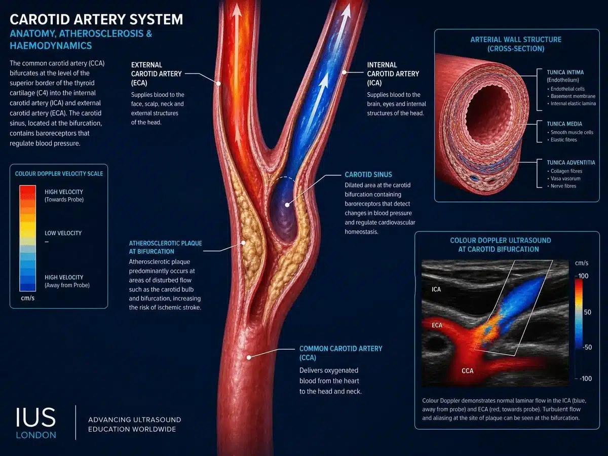 Carotid artery system diagram showing the common carotid artery, the bifurcation with atherosclerotic plaque, internal and external carotid arteries, arterial wall cross-section and colour Doppler ultrasound at the bifurcation