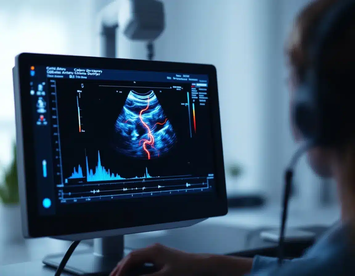 Carotid artery colour Doppler ultrasound showing blood flow mapping