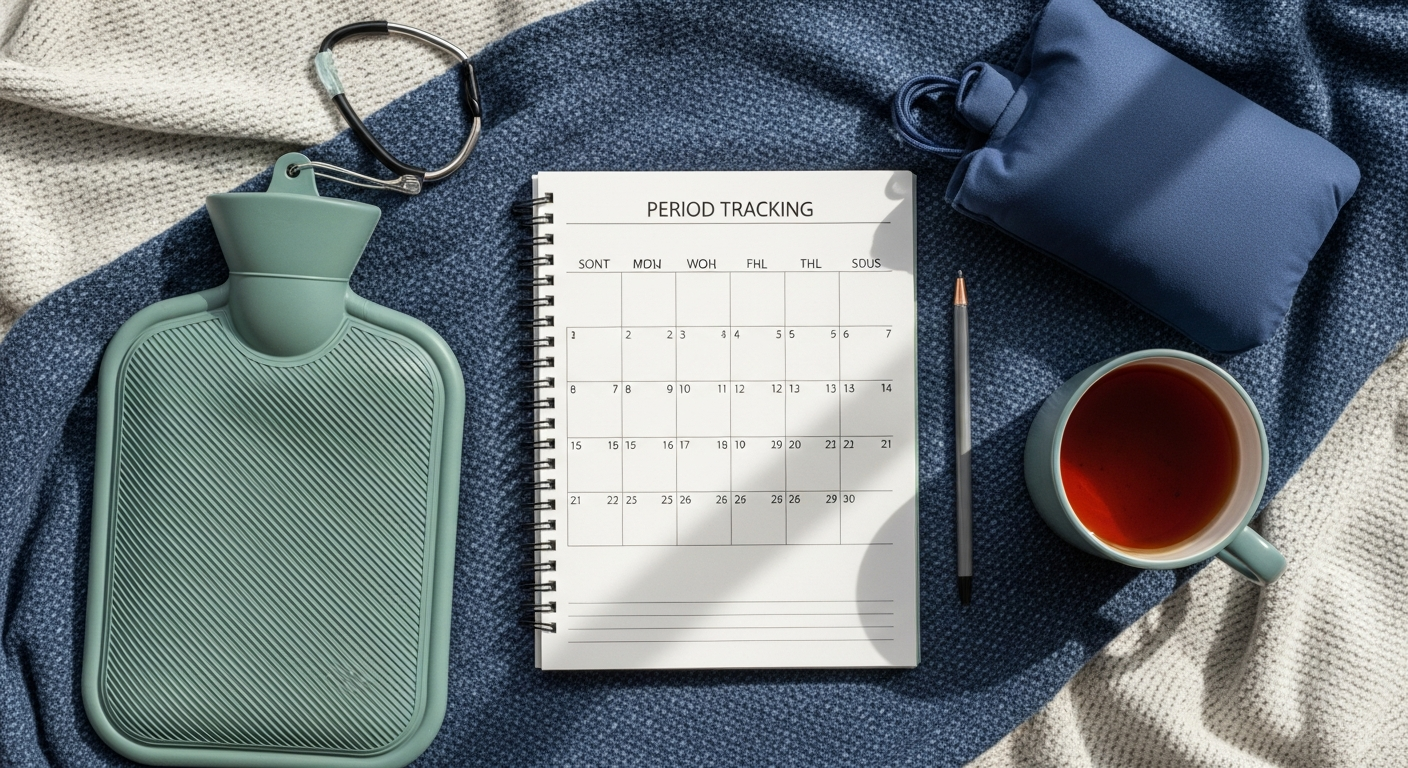 Period tracking calendar, hot water bottle and tea laid out on a blanket