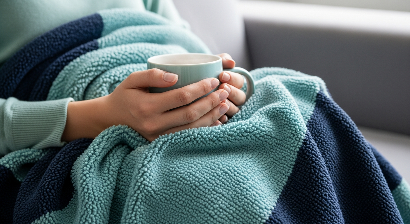 Hands holding a warm mug under a soft blanket while resting on a sofa