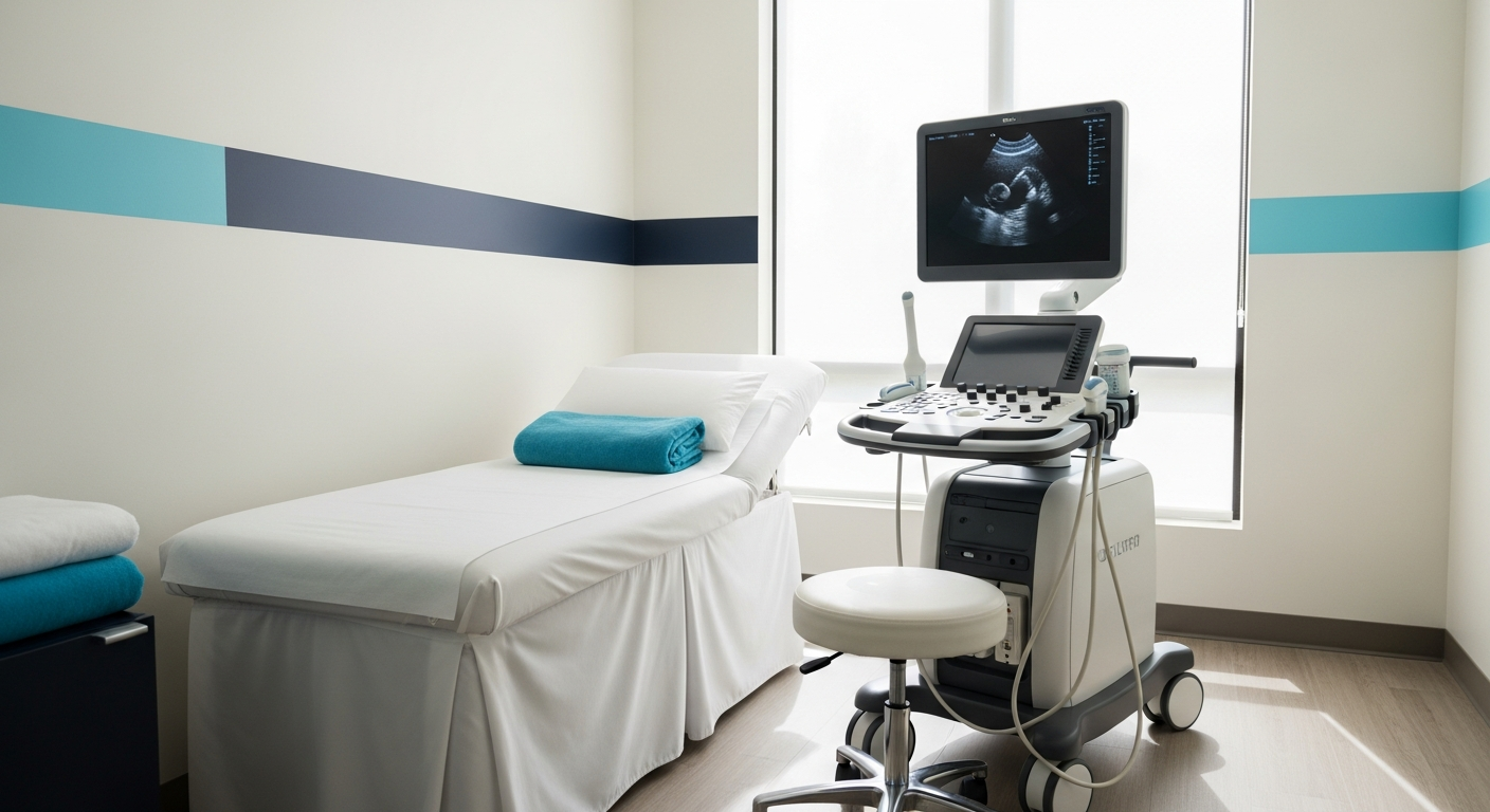 Calm private ultrasound examination room with a modern machine and couch