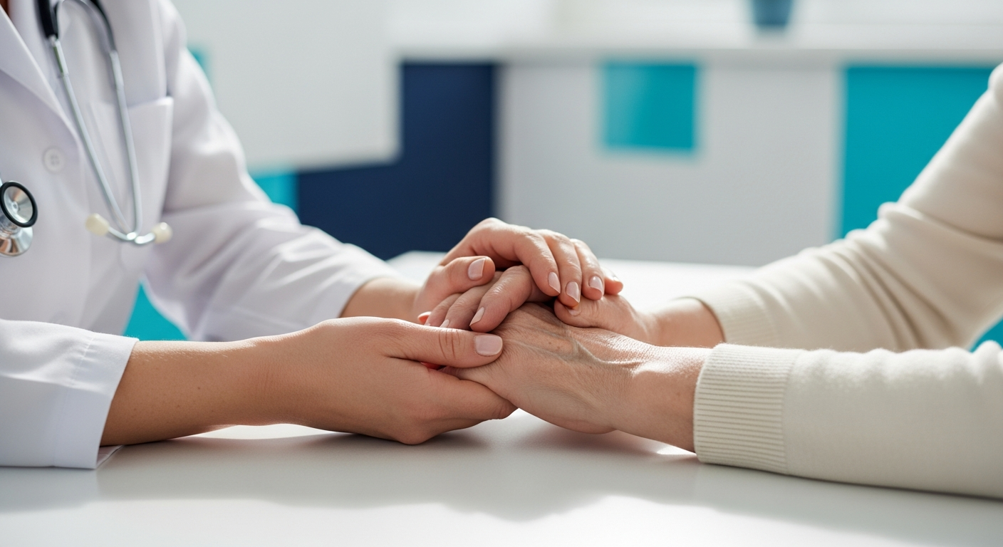 Clinician reassuring an older patient across a consultation desk