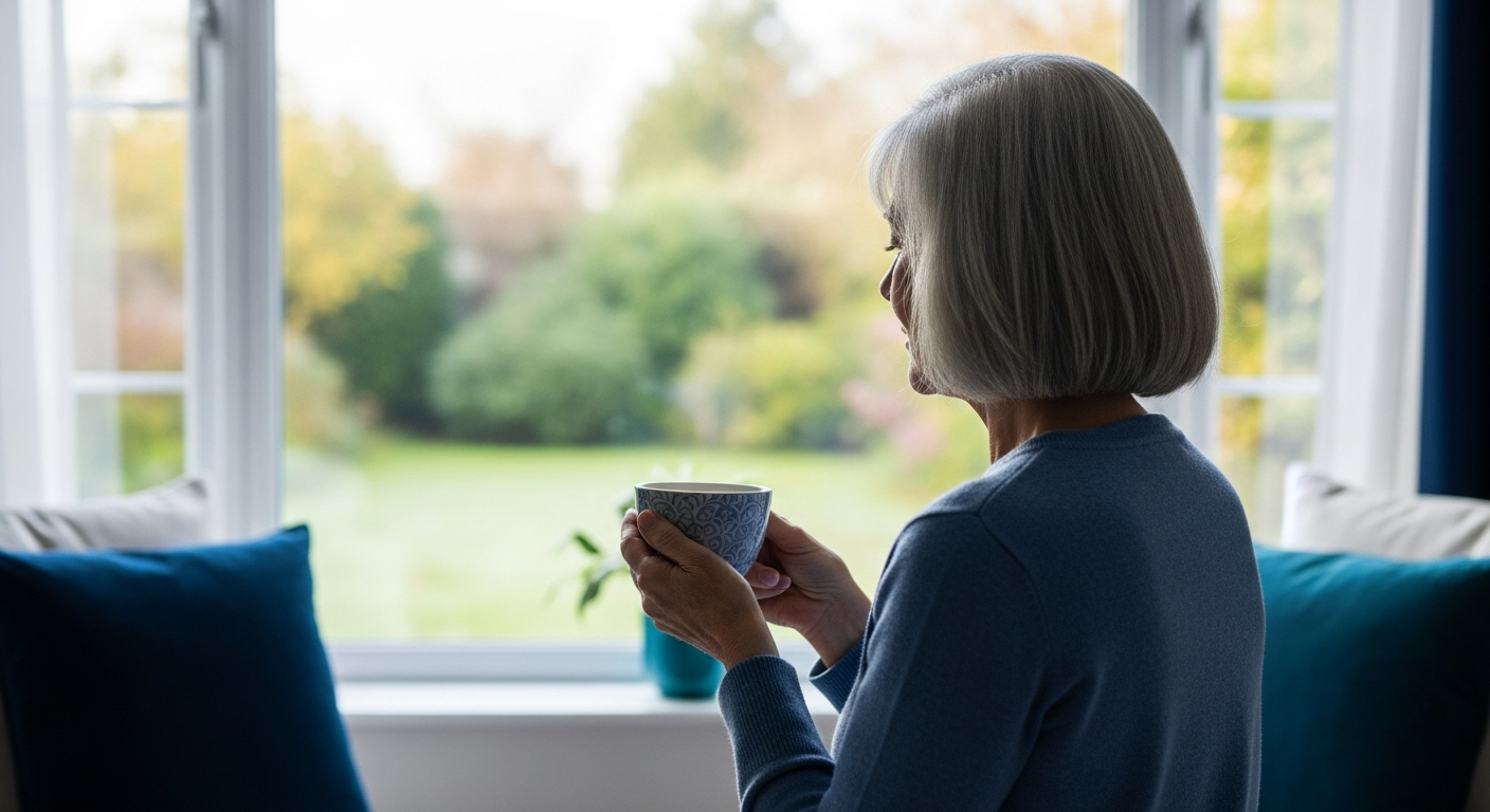 Silver haired woman with a cup of tea looking out over a garden from a bright window