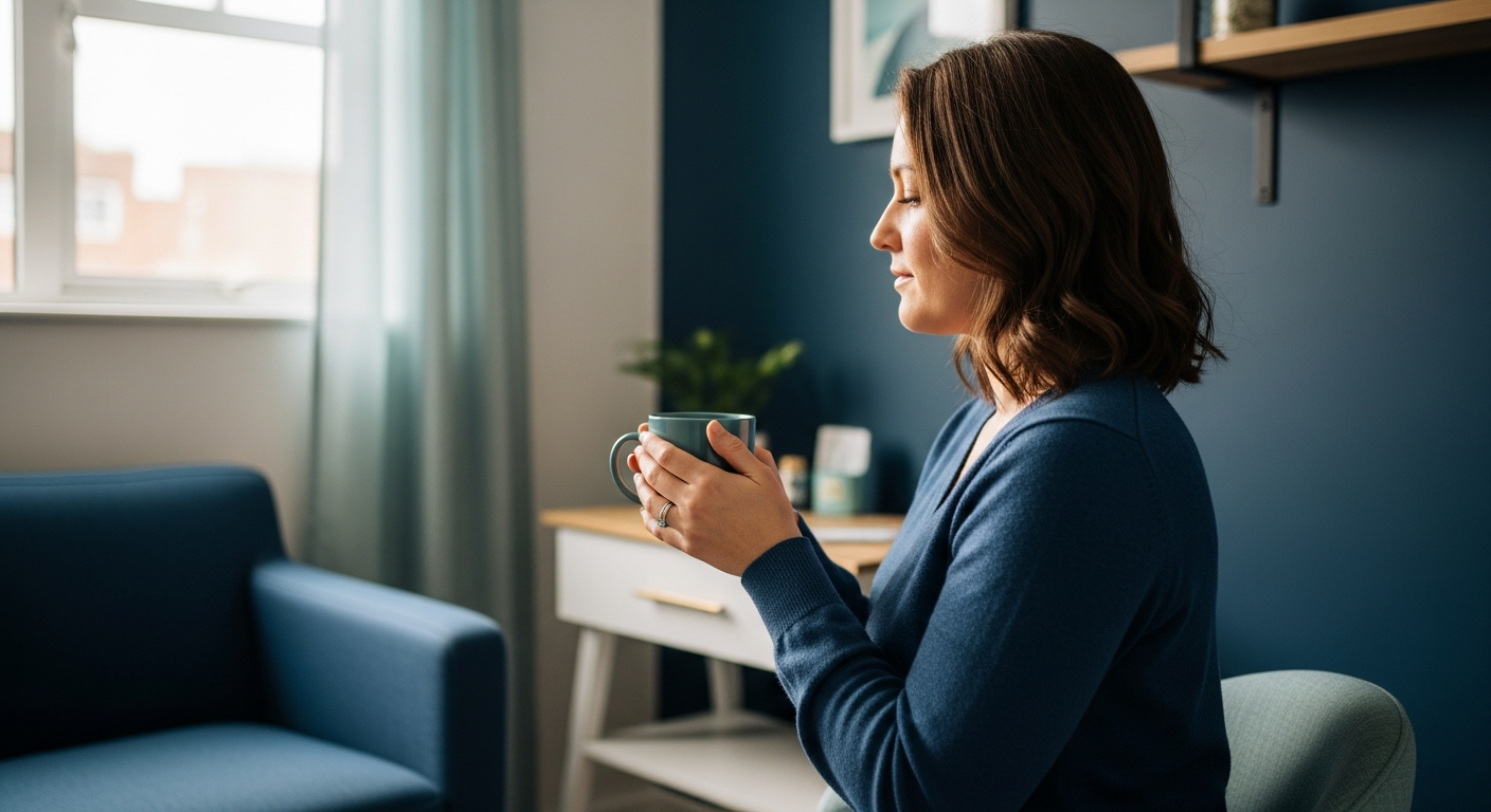 Woman holding a mug in a calm consultation room by a window
