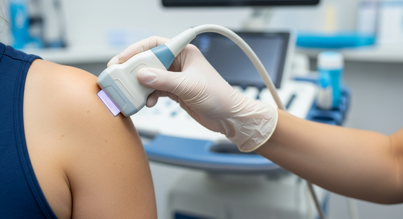 Ultrasound transducer held against a shoulder during a musculoskeletal scan