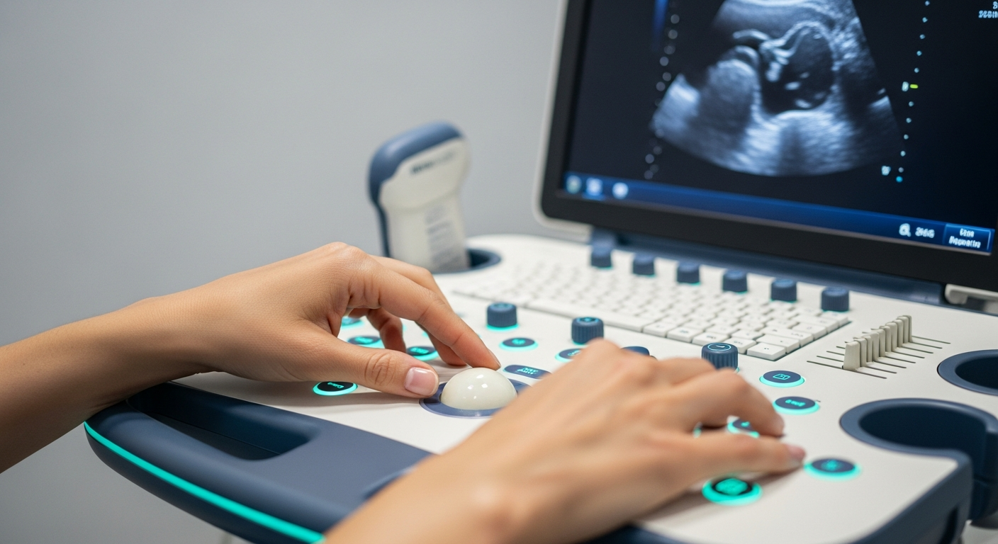 Sonographer adjusting an ultrasound console with a greyscale scan image on the monitor