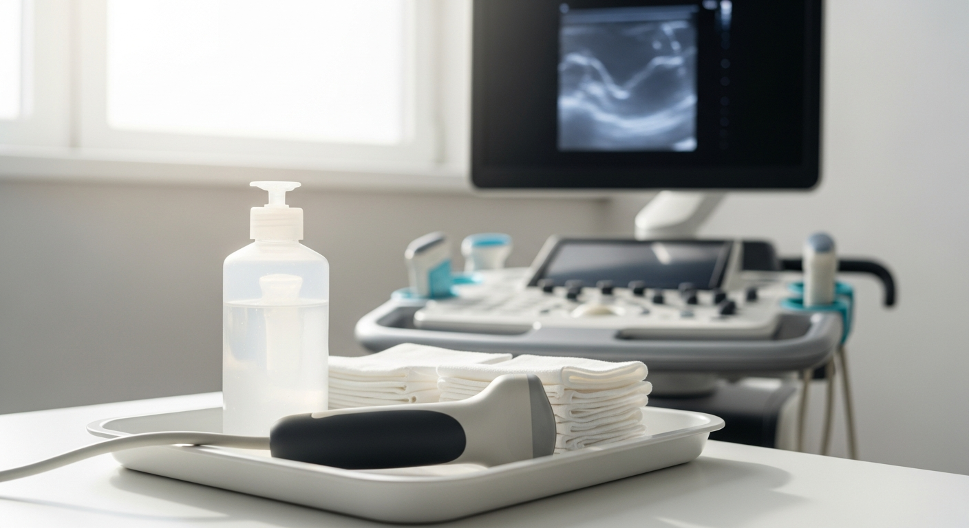 Clinical tray with an ultrasound transducer, gel bottle and folded cloths beside a scanner