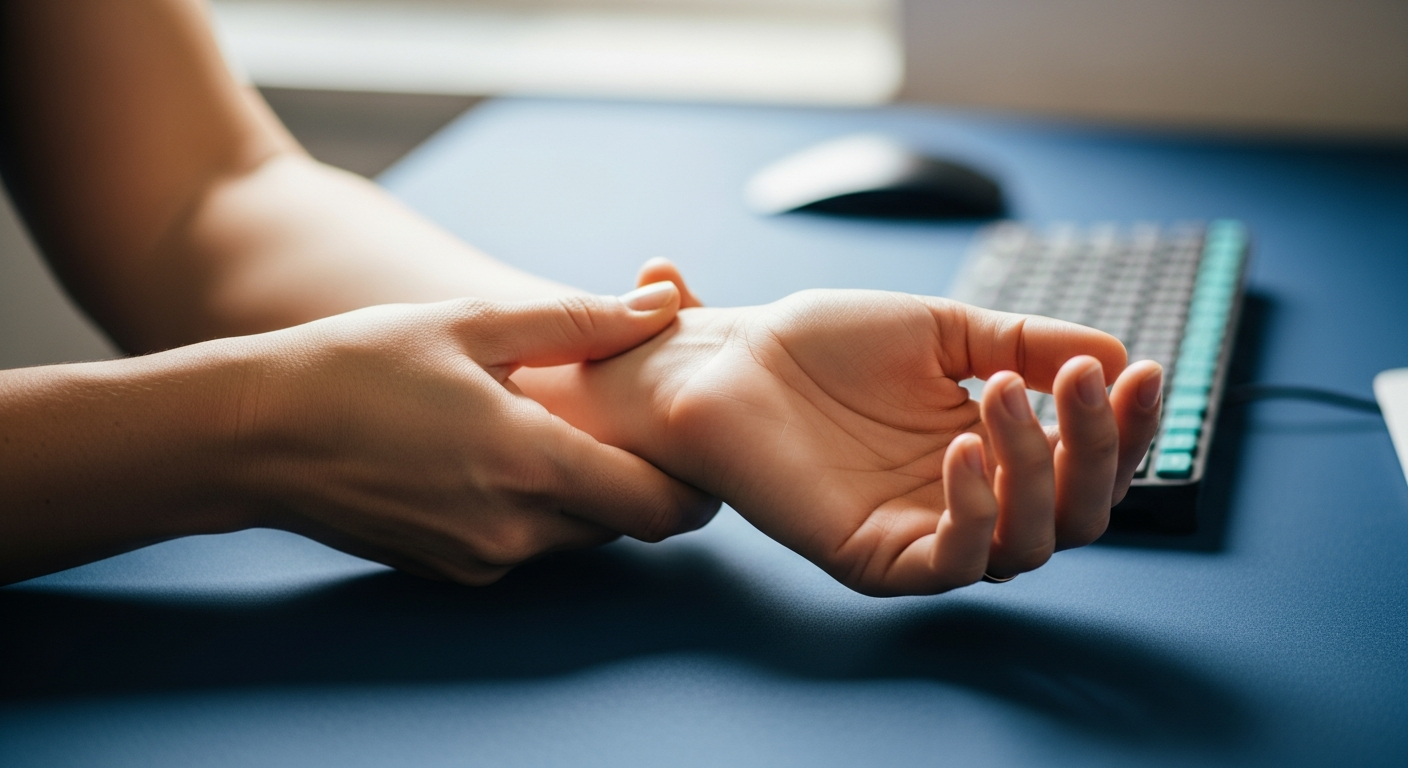 Person massaging their wrist and palm at a desk beside a keyboard
